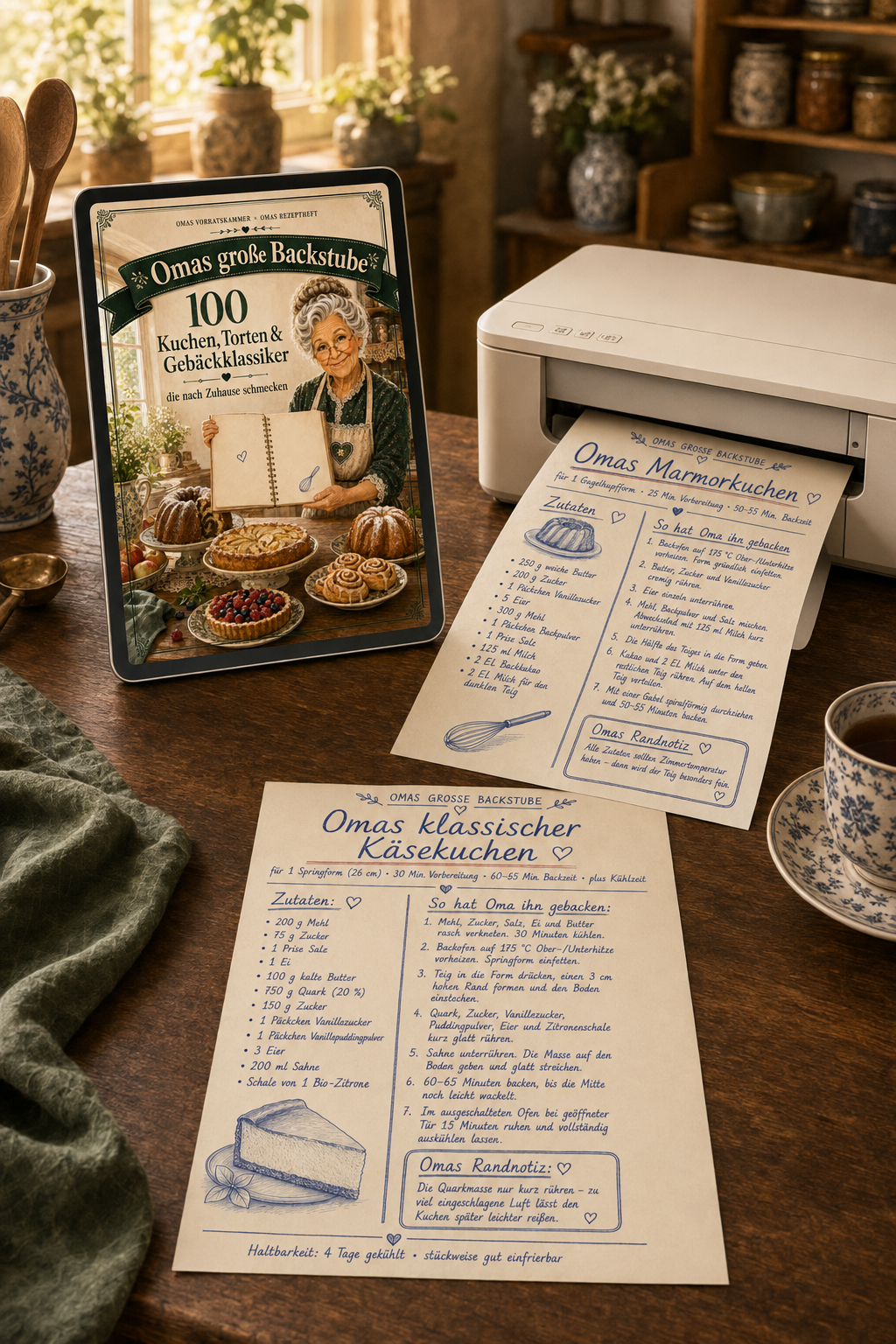 Tablet mit dem Rezeptbuch neben einem Drucker und ausgedruckten A4-Rezeptseiten