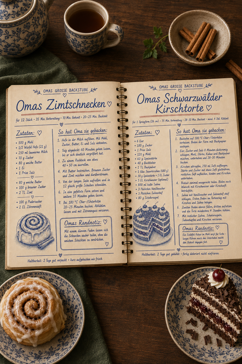 Rezeptseiten für Zimtschnecken und Schwarzwälder Kirschtorte aus „Omas große Backstube“
