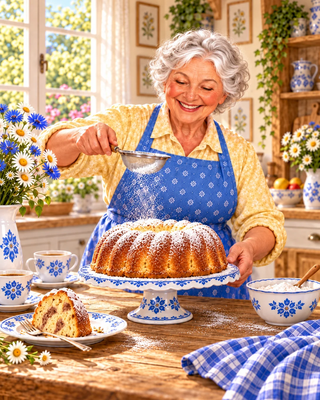 Oma dekoriert eine Erdbeertorte