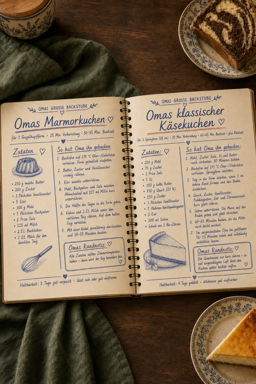 Rezeptseiten für Marmorkuchen und klassischen Käsekuchen aus „Omas große Backstube“