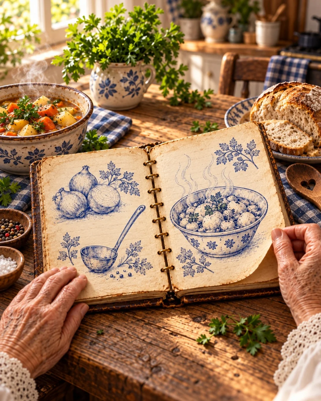 Altes Ringbuch mit blauen Zeichnungen und Küchenutensilien
